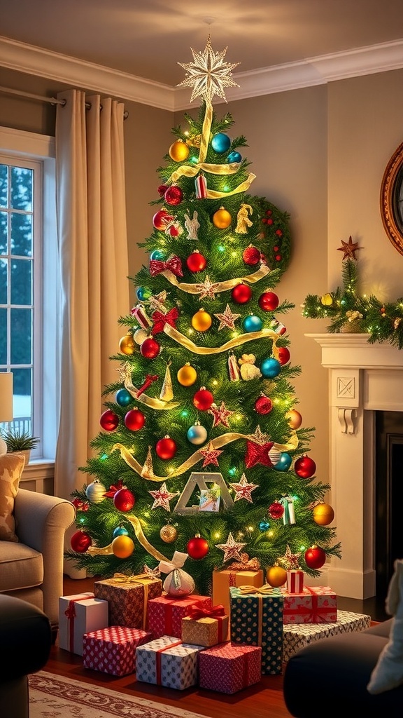 Creative Decor Ideas for a 7ft Pencil Christmas Tree A 7ft pencil Christmas tree decorated with colorful ornaments and lights in a festive living room.